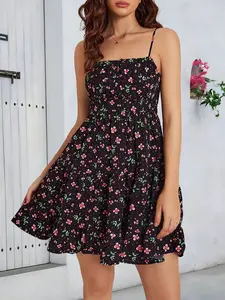 Summer Floral Print Ruched Waist Halter Short Dress, Womenswear, Bohemian Style, Spaghetti Strap, Sleeveless, Fitted, Shirred Design, Short Length, Elegant, Boho Casual Dress