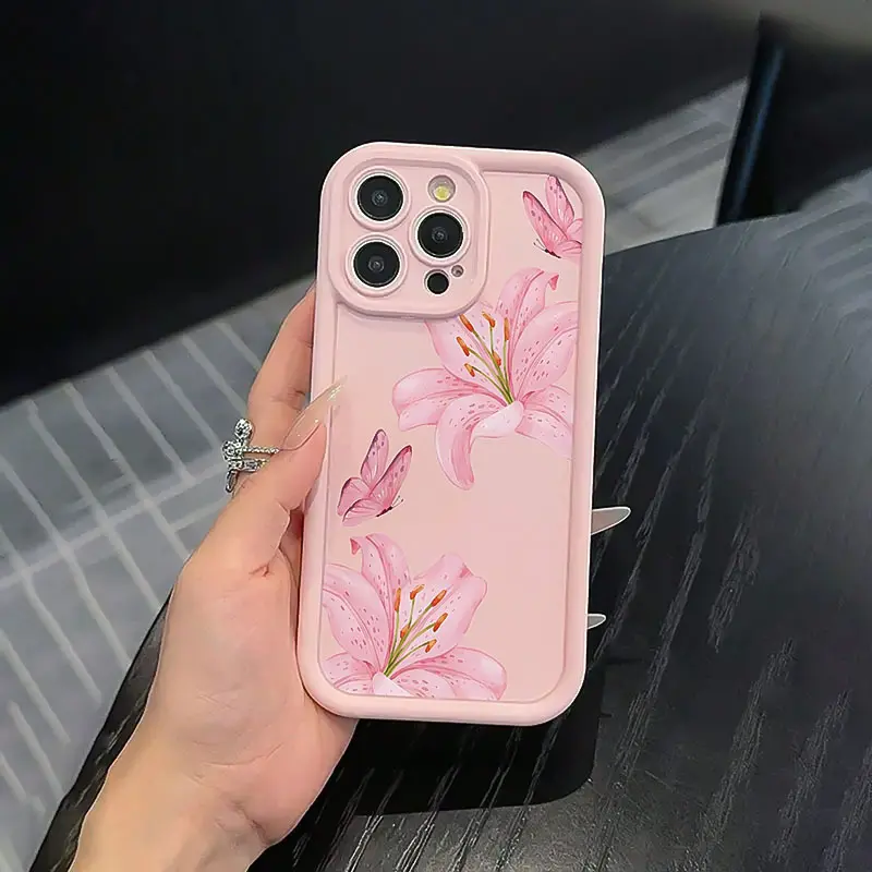 Pink Flower Butterfly Pattern TPU Protective phone cases for iPhone 16, 15, 14, 13, 12, 11, XS, X & Other Series - Drop-Proof Full-cover Case, Shockproof Protector s-strawberry pink