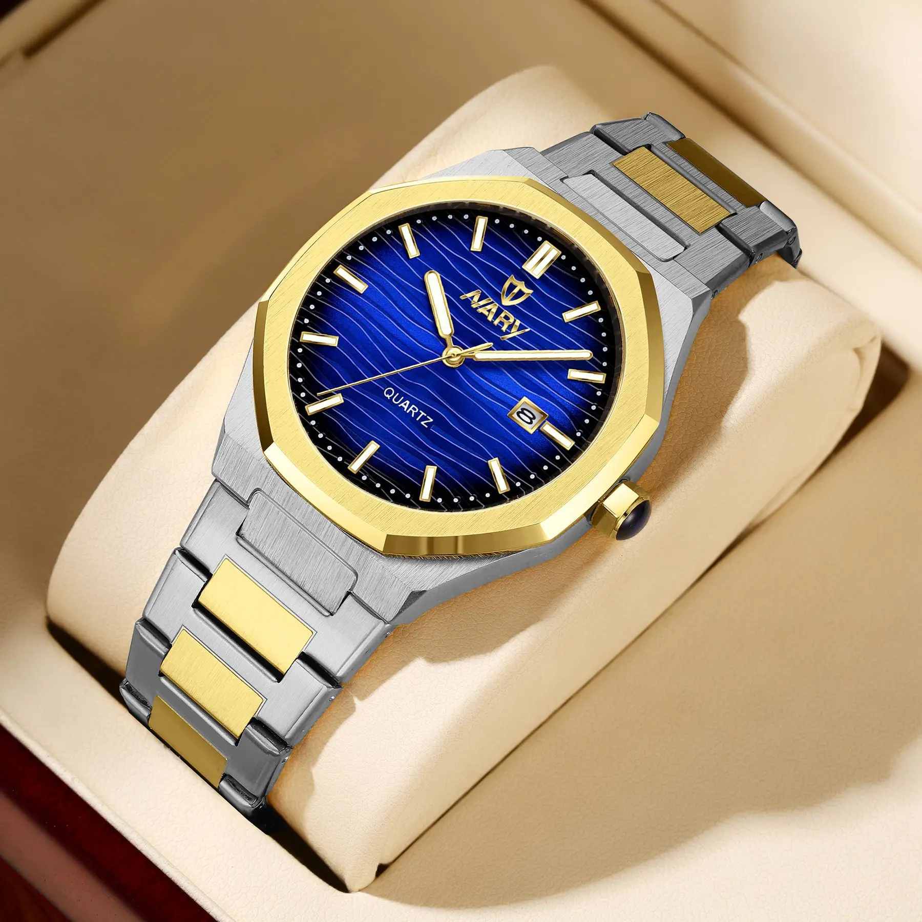 Two-tone case with blue dial and steel strap