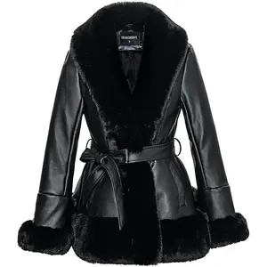 Women's Faux Leather with Faux Fur Collar, Winter Long Sleeve Furry Trim Peplum Parka Coat with Belt