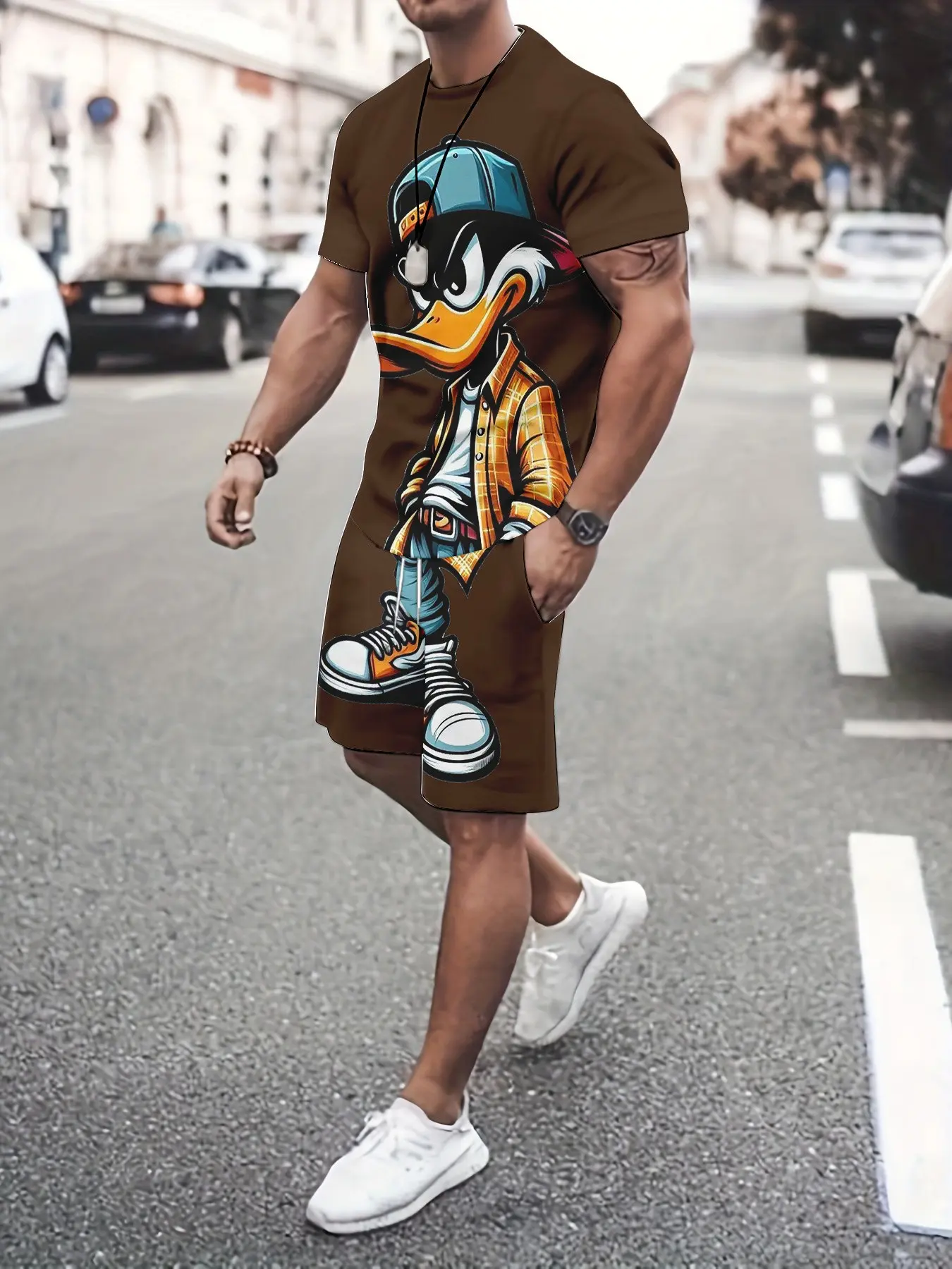 Men's 3D fashionable cartoon print casual everyday Tropical set, a two-piece set including a summer sporty crew neck short-sleeved top and drawstring shorts, suitable for outdoor and street wear, Menswear Clothes, Crewneck