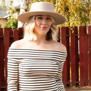 Miou Muse Stripe Cream and Black Off Shoulder Top