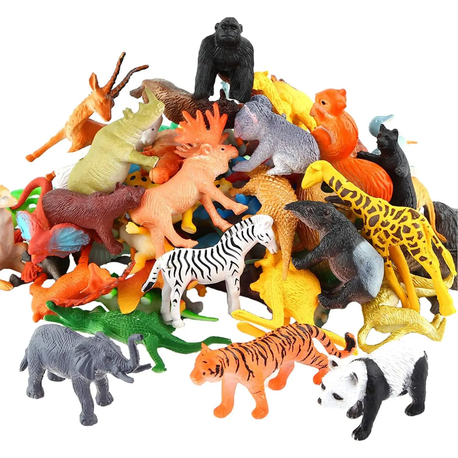 BP-MTS030 54-Piece Mini Jungle Figure Set - Realistic Wild Vinyl Plastic Miniatures (32 No-Repeats Wild Animals), 1 Coconut Tree, 1 Booklet for Easy Animal ID, Party Favors, Kids Collectibles & Cupcake Toppers