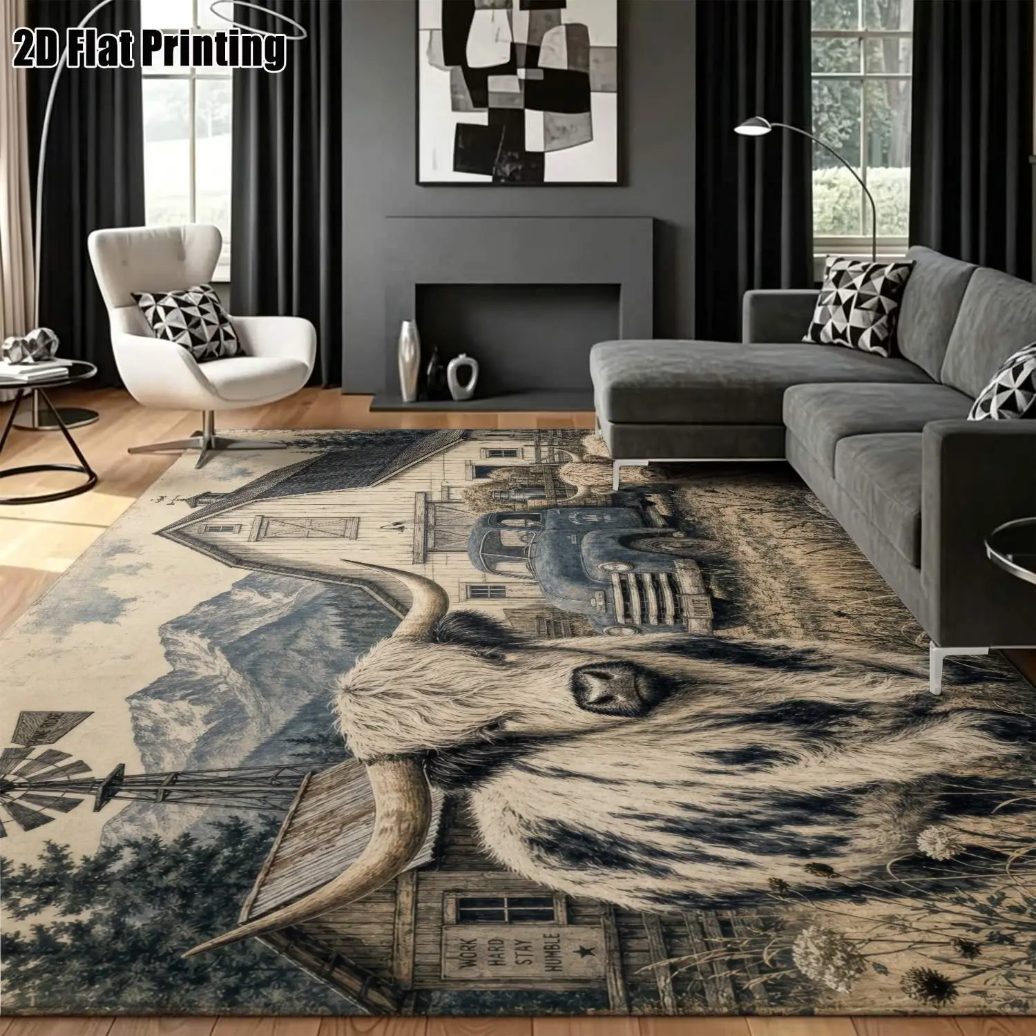 Large indoor area rug made of soft velvet with a low pile and non-slip backing; machine washable; vintage farmhouse rustic longhorn cow and barn scene rug for living room, bedroom, and country-style home decor.