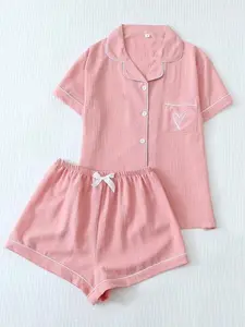 Women's Heart Embroidery Shirt & Shorts Pyjama Two-piece Set, Cute Casual Comfy Lapel Neck Short Sleeve Top & Shorts PJ Set, Ladies Sleepwear for All Seasons, Loungewear, Pajamas