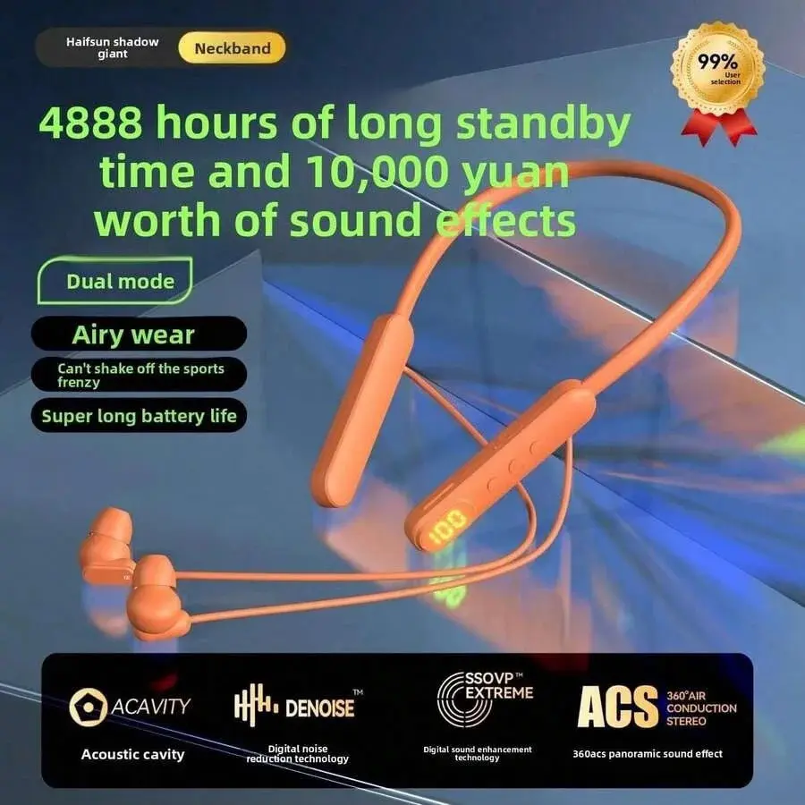 Haifsun Shadow Giant Neckband Wireless Headphones - 4888-Hour Long Standby, Premium Sound, Digital Active Noise Cancellation, 360° Air Conduction Stereo, Batteries, Dual Mode, Hand-Free, Orange, Dual Mode Wireless Headphones