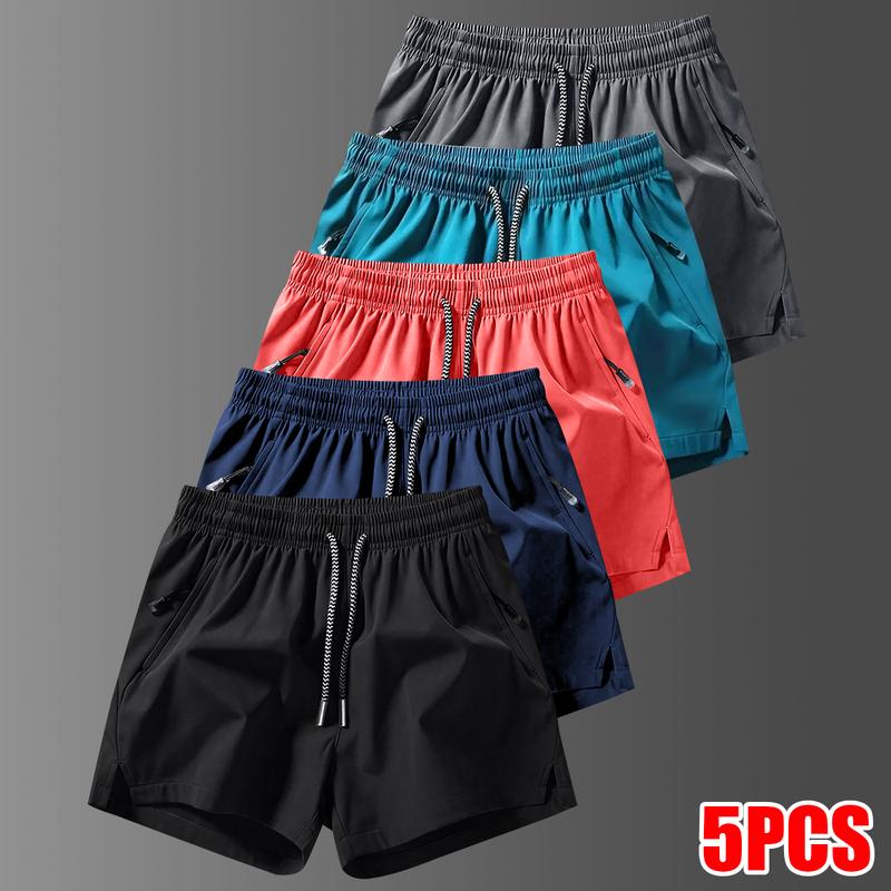 Men's 5-Pack Solid Color Casual Shorts with Zipper Pockets, Summer Fashion Drawstring Athletic Shorts, Suitable for Summer Gym Workouts, Running, and Outdoor Activities, Comfortable and Adjustable