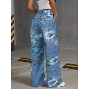 [All-Season High Waist Floral Pants] Women'S High Waist Floral Print Wide Leg Faux Denim, 100% Polyester, Non-Stretch Fabric, All-Season Loose Fit, Casual Street Style, Long Length with Zipper Fly and Side Pockets Can be used with raincoat