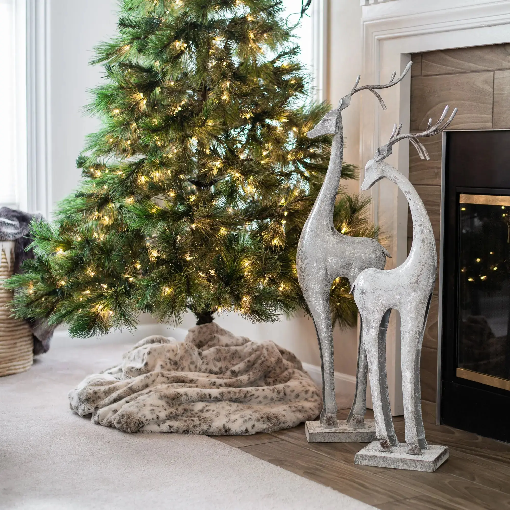 12" L x 5.5" W x 40" H Handcrafted Large Silver Distressed Metal Slender Tall Decorative Reindeer Statue, Outdoor Safe Christmas Decoration with Unique and Luxurious Floral Designs, Porch Home Decor