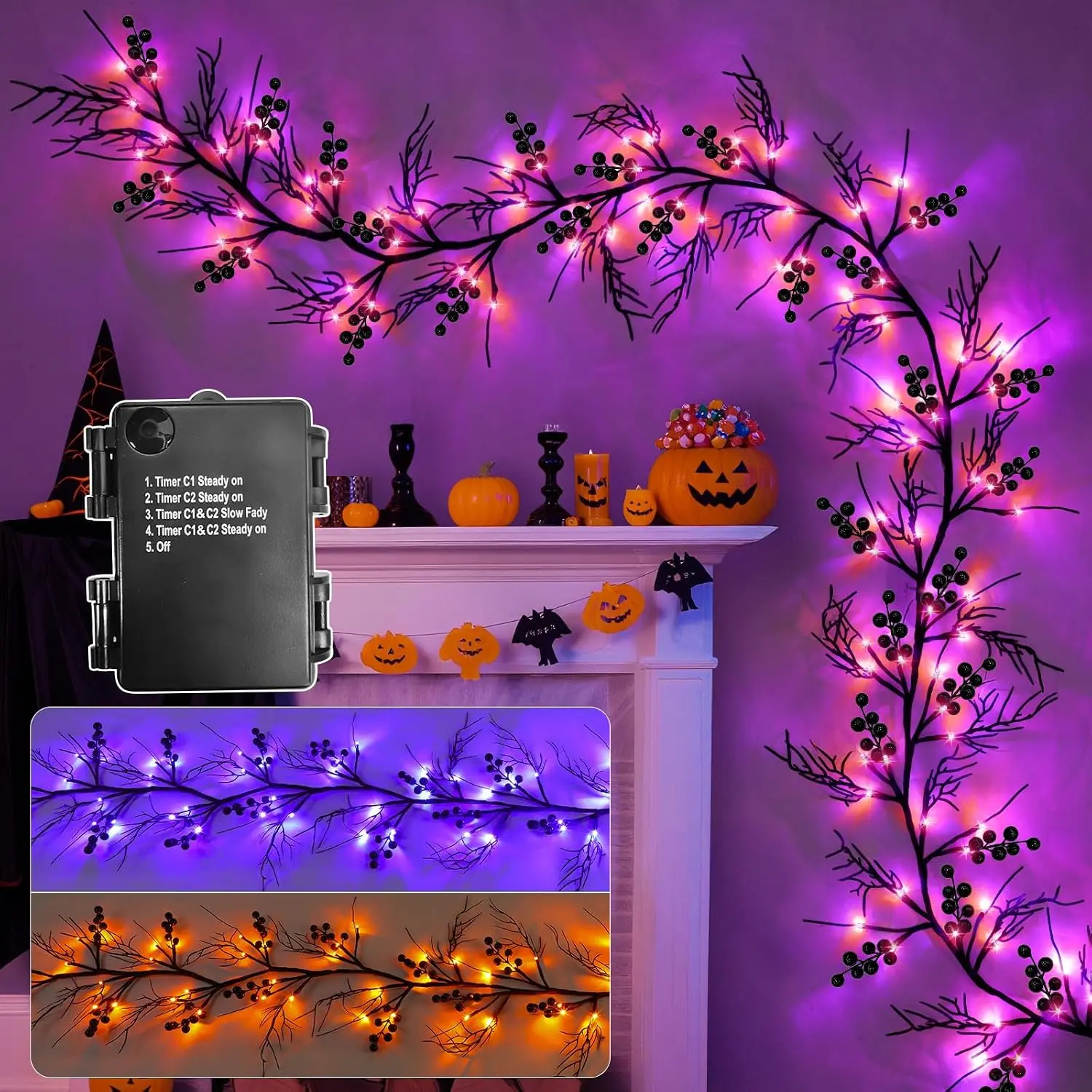 Tri Color Change - Extra Long 9 Ft Halloween Garland Willow Vine Twig with 72 LED Orange Purple Lights Decor,  Timer & 4 Mode Waterproof Battery Operated Halloween Decorations Indoor Home Fireplace