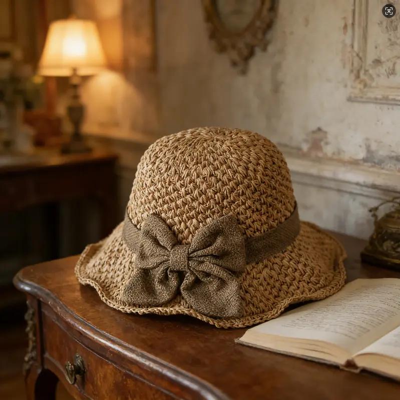 Versatile retro woven handmade straw hat with ruffled bow, elegant French sun hat, foldable, breathable travel beach hat.