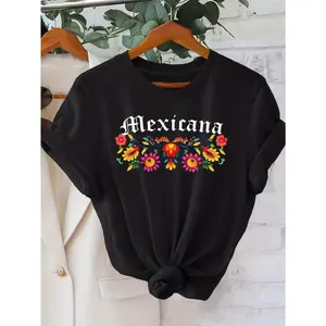 Mexicana Floral Embroidery Black T-Shirt with Mexican Folk Art Design (pink, yellow, red flowers) - Short Sleeve Round Neck Casual Tee, Front Tie Bow for a chic look - Machine Washable for &, Cas