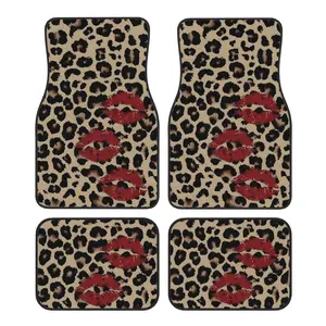 Set of 4 Car Floor Mats Featuring a Leopard Print Design with Red Lips, Designed for Easy Cleaning And Compatible with Most Vehicles