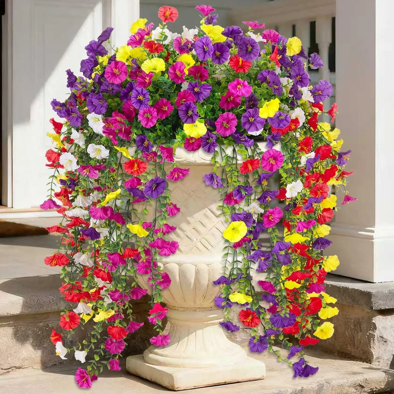 Artificial Hanging Flowers for Outdoors Faux Plants, Garden Decorations, 8PCS Faux Morning Glory Fake Outdoor Flowers UV Resistant Decorative Silk Flower for Outside Planter Front Door Porch Patio Yard Decor Indoor Outdoor Decorative