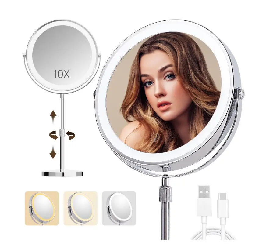 BALUXCA 9"Large Lighted Makeup Mirror,3000 mAh Rechargeable,1x/10x Magnifying LED Vanity Mirror,3 Color, 360° Rotation Double Sided,Height Adjustable