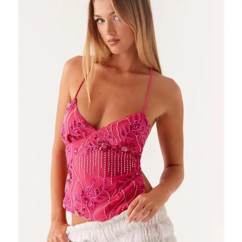 Women's Sleeveless Sequin Embroidered Spaghetti Strap Cami Tank Top - Exuding Femininity, Flattering V-Neck, Soft Fabric, Pink Floral Embroidery, Evening Party Wear, Pairs With Skirts/Jeans/Pants, Cold Wash, Do Not Bleach, Flat Dry, Neck Top