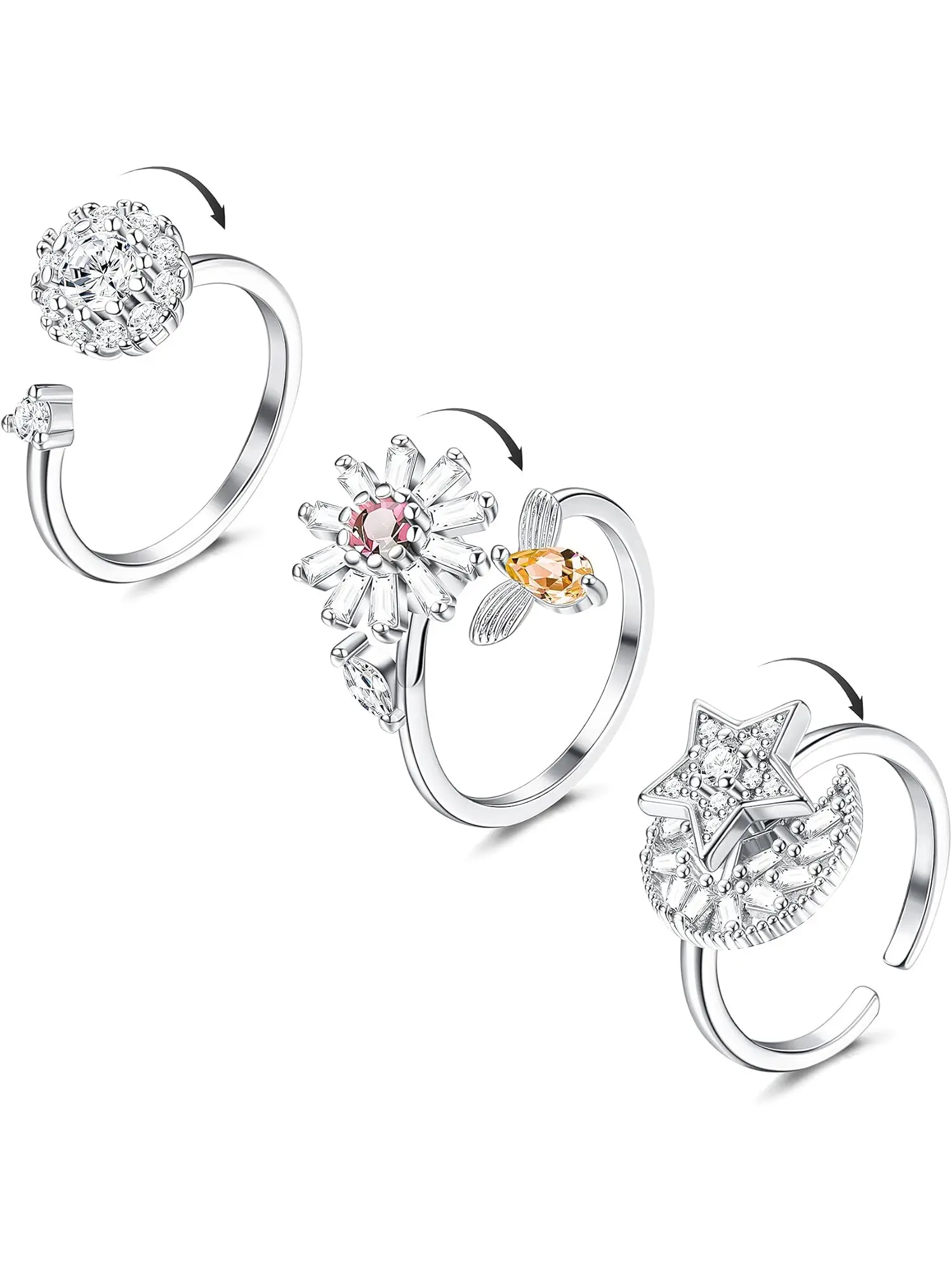 3Pcs Women Anxiety Rings Fidget Spinner Ring Cubic Zirconia Moon Star Flower Spinning Rotatable Worry Rings for Stress Relieving Adjustable Fashion Stainless Steel Rings Stress Relief Jewelry