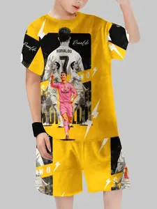 Real Madrid Cristiano Ronaldo No.7 Yellow & Black Color Block Set, Kids' Anime-Style Short Sleeve & Shorts 2-Piece for Football Fans