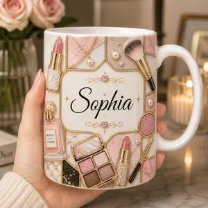 Personalized Makeup Mug 2D Printed 3D Effect Custom Name Coffee Cup Pink Glam Beauty Tools Design for Makeup Artist Cosmetic Lover, Birthday Appreciation Gift for Her Coffee mugs, ceramic mugs,  printed mugs, gift mugs, everyday mugs