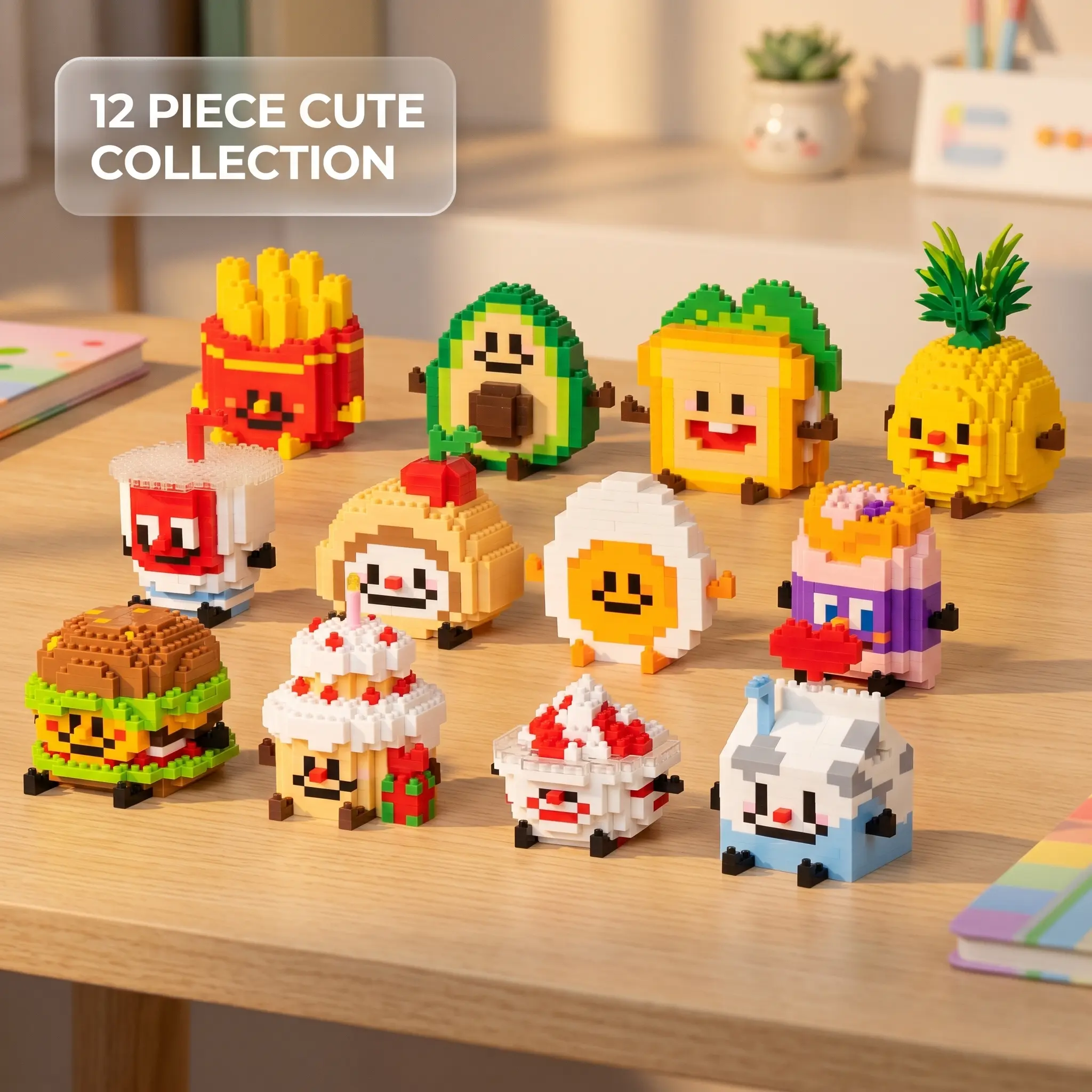12-in-1 Fast Food Brick Building Sets, ABS Plastic Cute Foods Mini Blocks, Cute Desk Decoration Toys for Kids to Improve Concentration