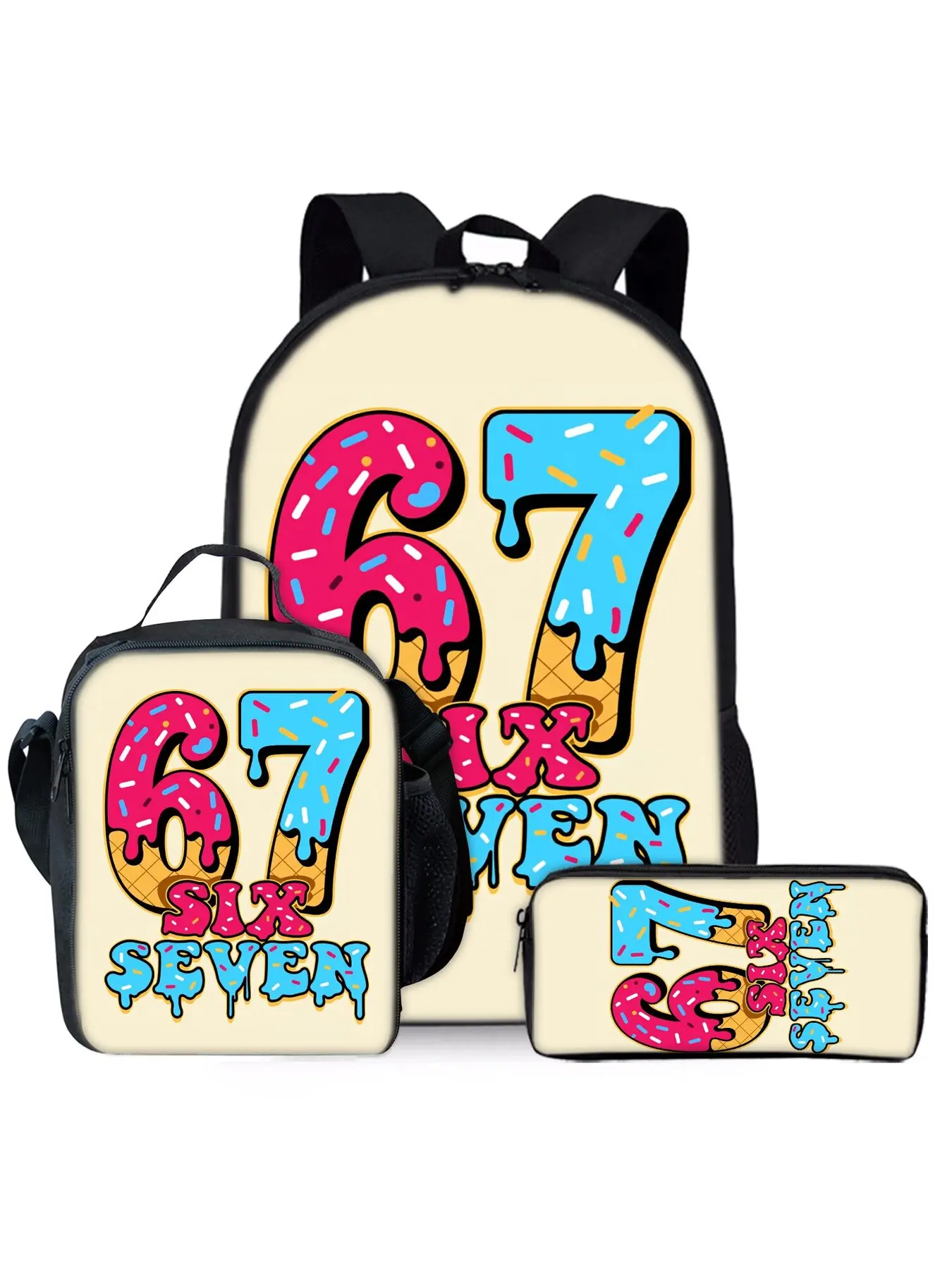 Sweet Donut 67 Printed Backpack 3-Piece Set Includes Lunch Bag and Pen Case