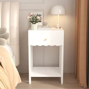 Modern White Nightstand with Drawer & Open Shelf Scalloped Edge Bedside Table for Bedroom Cute Minimalist Side Table