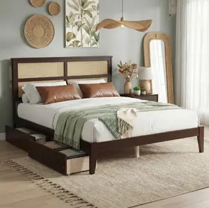 King Bed Frame with Mattress Included, Rattan Headboard, Solid Rubber Wood Platform Bed, Optional Storage Drawers, Strong Support Slats, No Box Spring Needed, Easy Assembly, Espresso