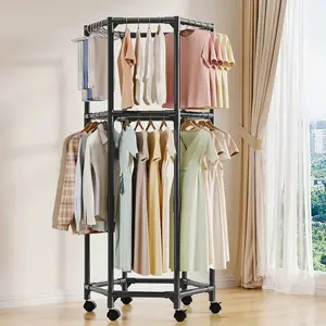 360° Rotating Clothes Rack with Wheels, Double Layer Garment Rack, Large Capacity Clothing Organizer, Heavy Duty Freestanding Clothes Hanger Storage Rack for Bedroom Closet Laundry Room