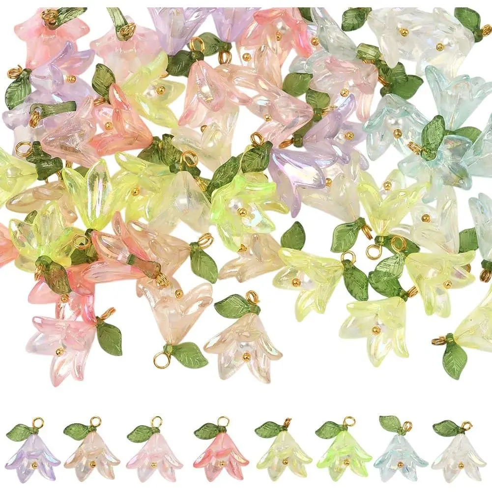 1 Box 48 count 8 Colors Lily Flower Charms 20mm Floral  Charm with Shell  Beads Plastic Lily of The Valley Flower Pendants for  Making Supplies DIY Earring Bracelet Adults