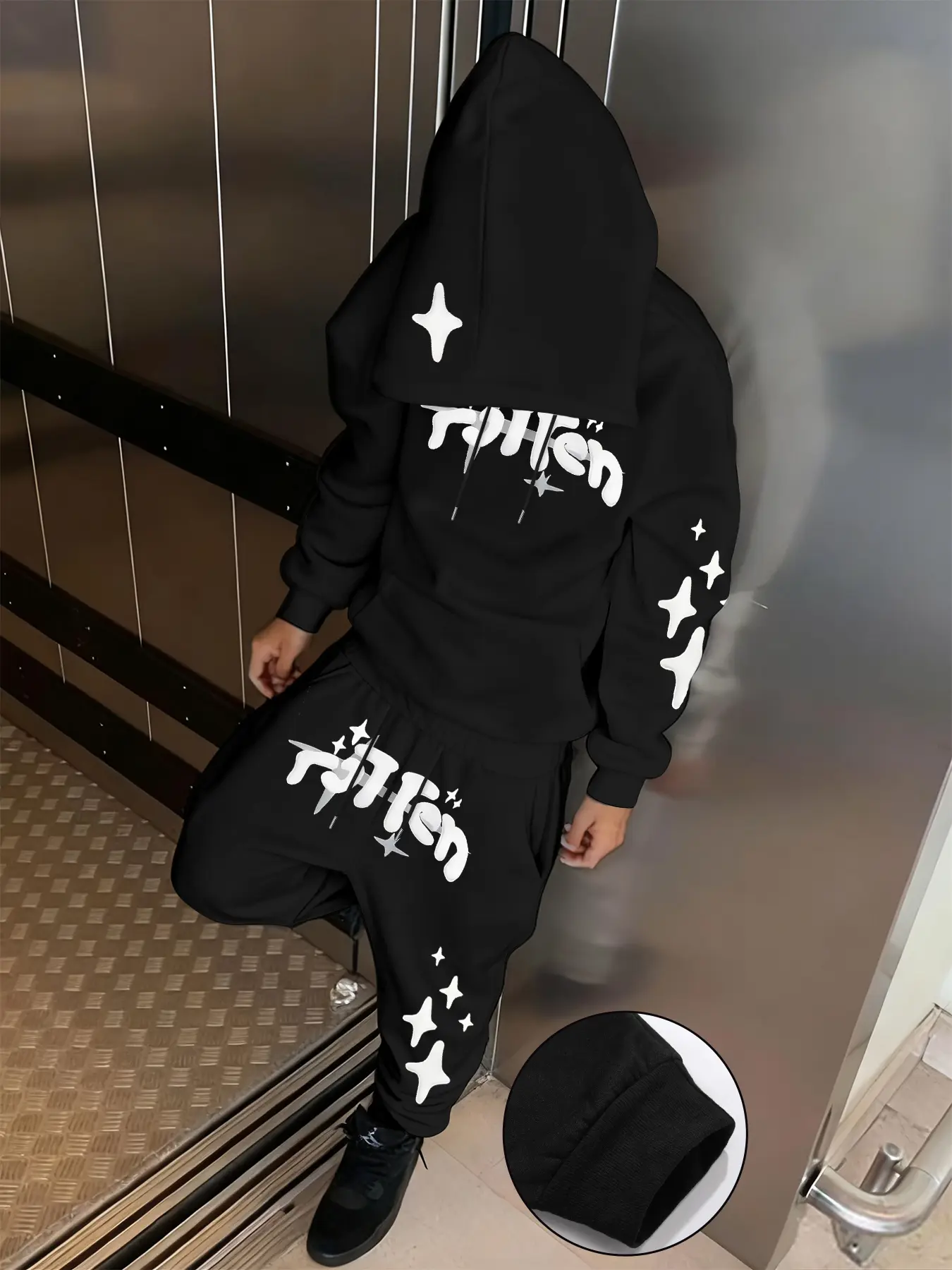 Men's Fall Winter Streetwear Graffiti Star Print Set, Hooded Sweatshirt with Drawstring + Elastic Waist Pants, Casual Fit, Outfit