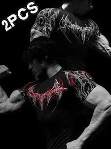 2 Pcs Men's Sporty Fitness T-Shirts, Dark Thorn Print, High Elasticity, Quick-Dry, Breathable, Slim Fit, Ideal for Gym Training, Sporty Round Neck