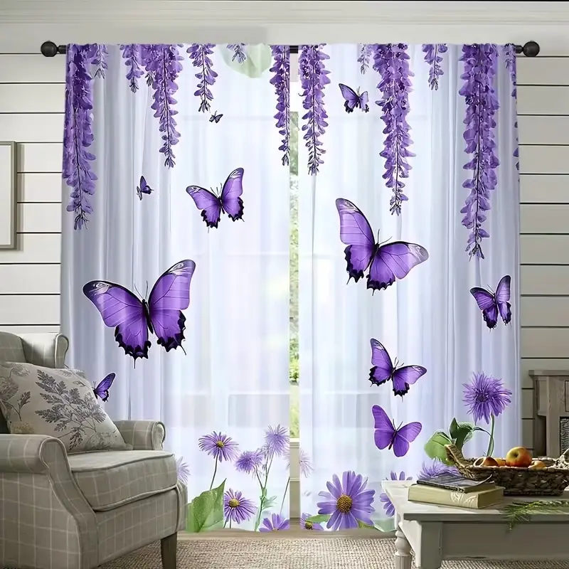 Elegant Butterfly and Floral Print Curtains, Sheer Printed Curtains, 2 Piece Set Polyester Sheer Drapes, Rod Pocket Design, Home Decor, Home Decorative Curtain, Window Curtain