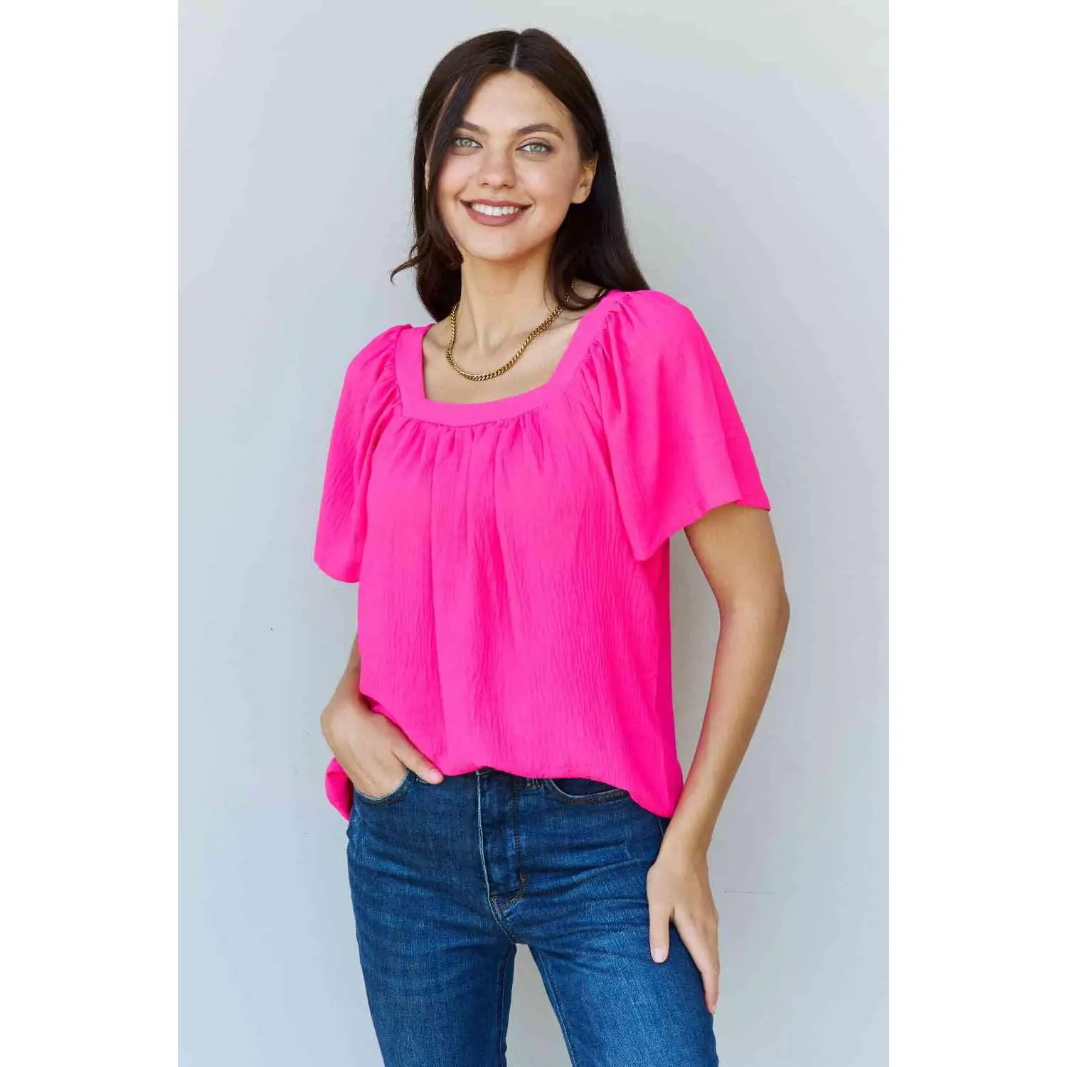 Ninexis Keep Me Close Square Neck Short Sleeve Blouse in Fuchsia