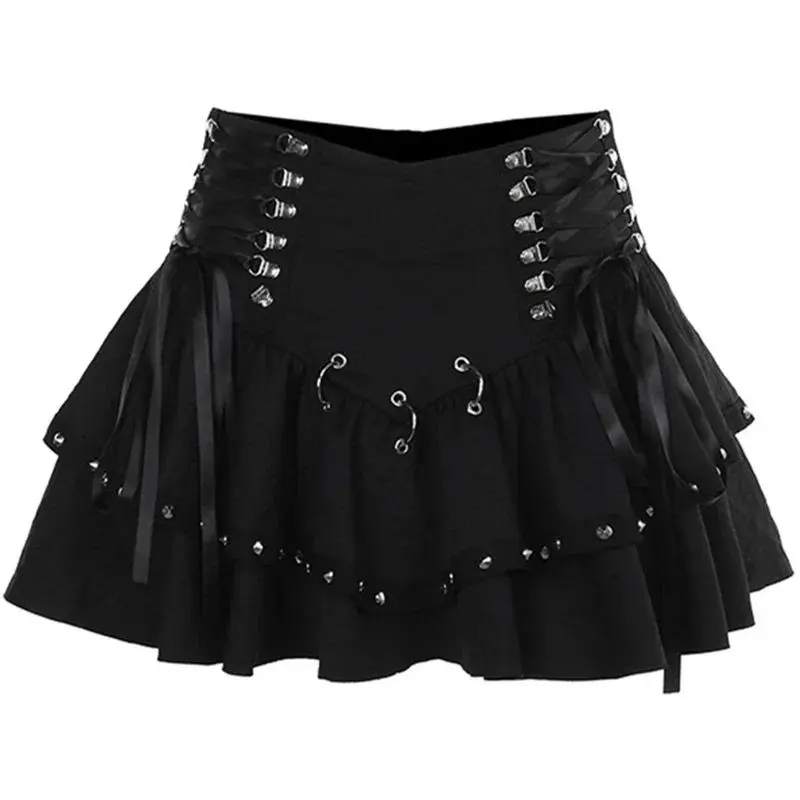 2025 New Vintage Dark Punk Rivet Corn Bandage Mini Skirt Gothic Punk Y2K Grunge Streetwear Women Pleat A-Line Sweet Slim Skirts