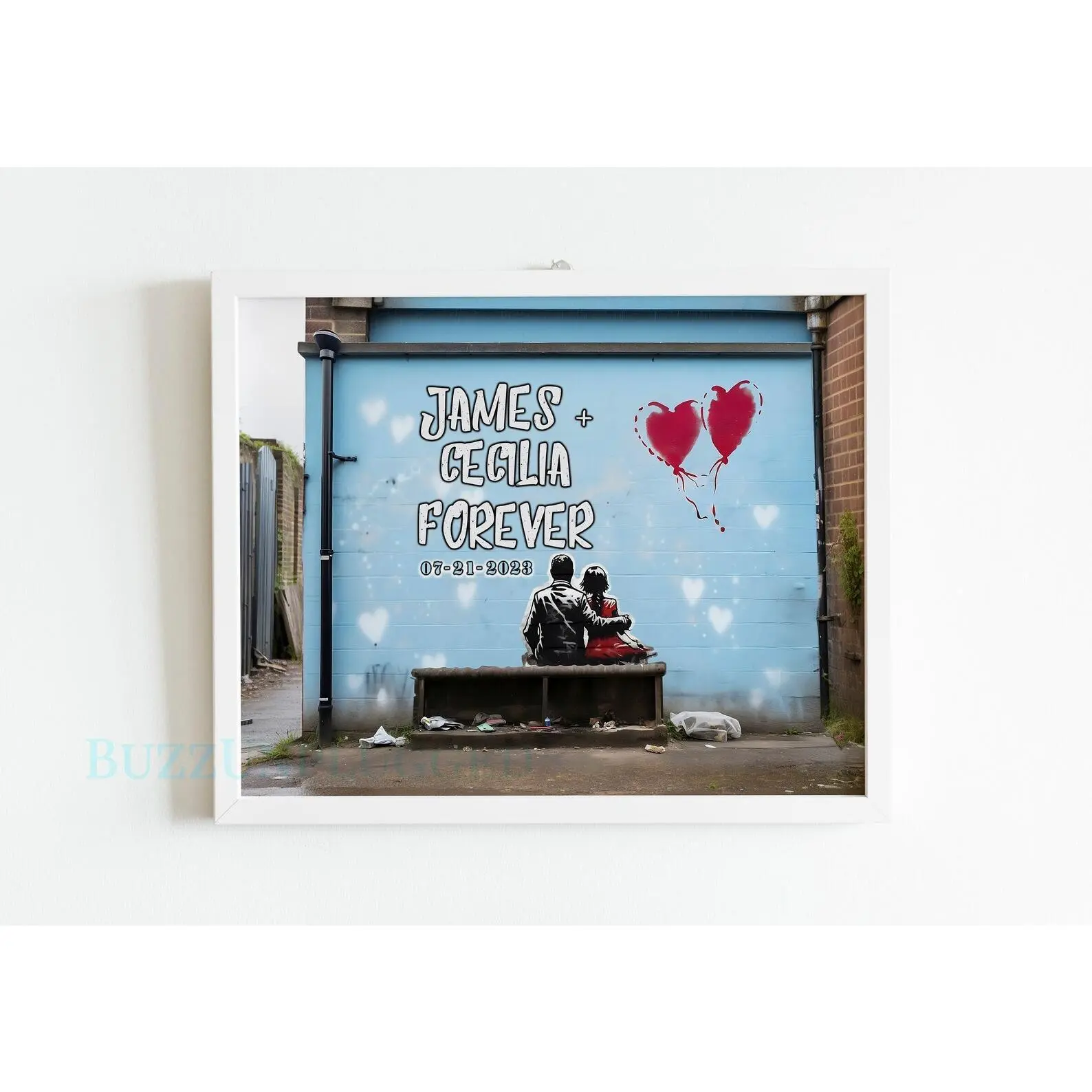 Banksy Style Personalized Graffiti Wall Art – Custom Couples' Gifts with Names & Dates Painted on a Wall, a Romantic Canvas or Print, and an Anniversary or Wedding Gift for Couples.