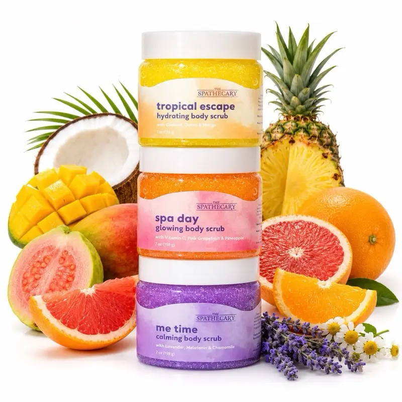 Hydrating body scrub, glowing body scrub, calming body scrub