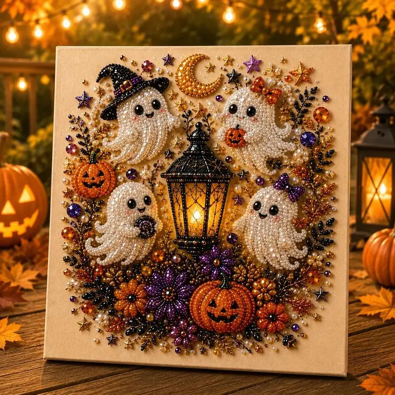 Spooky Cute Ghost 8inx8in Themed Pearl 3D Diamond Painting DIY Kit, Multipurpose Fall Season Handicraft Set, Beautiful Wall Art Furnishing Accessory for Household Indoor Decoration & Holiday Party Present