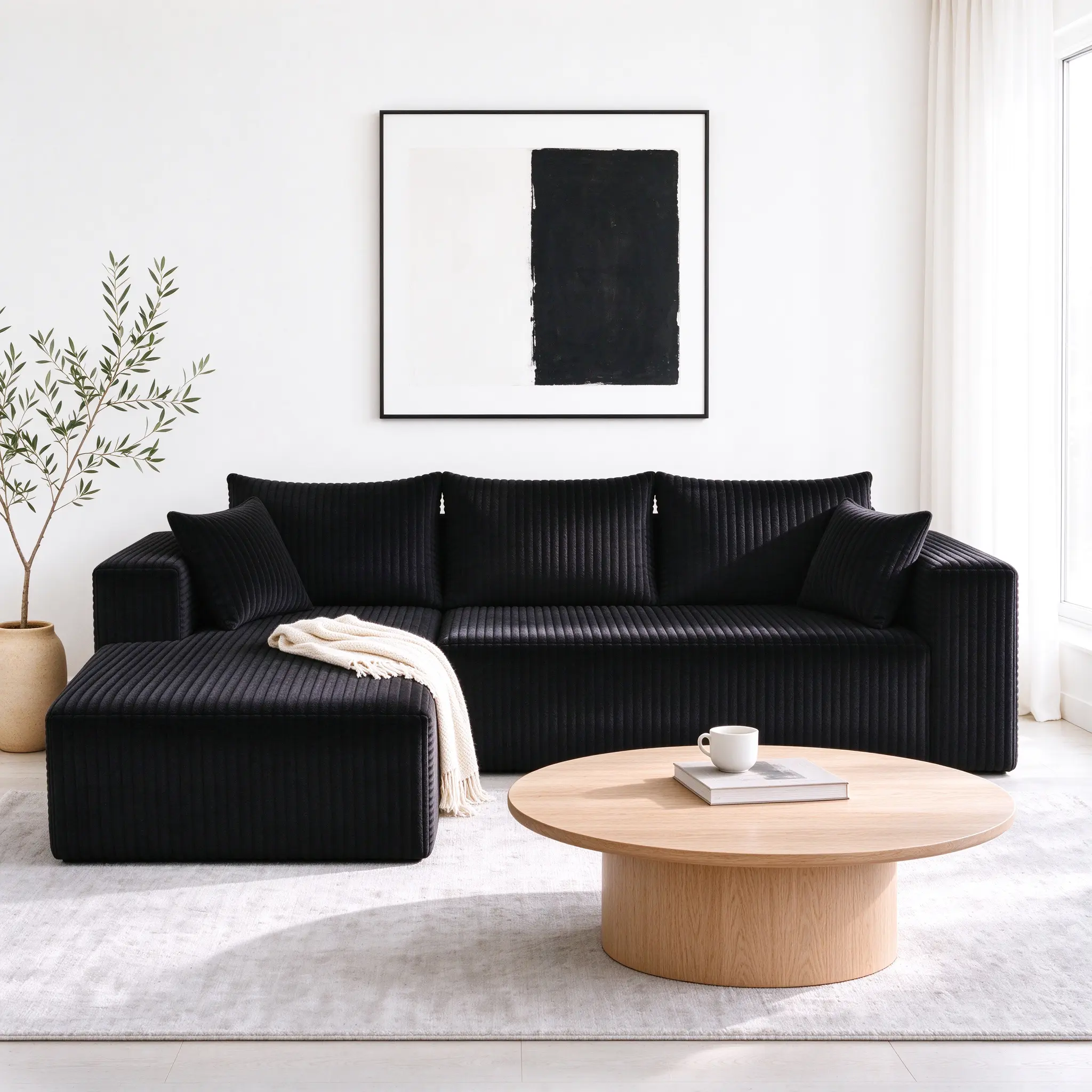 Black Corduroy L-Shaped Sectional Sofa with Left-Facing Chaise - 3-Seater Modern Low-Profile Wide Armrest Deep Seat Cloud Couch for Living Room, Apartment Small Space, Sectional Couches for Living Room boneless