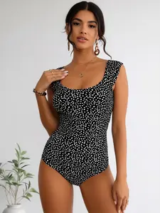 Women's 1-Piece Swimsuit, Polka Dot, Ruched Side, Tummy Control, High Stretch, Polyester Blend, Removable Pads, Ruffled Sleeves, Retro Bathing Suit, Swimsuits Tummy Control, Swimsuit For Beach, Ruffle Swimsuits