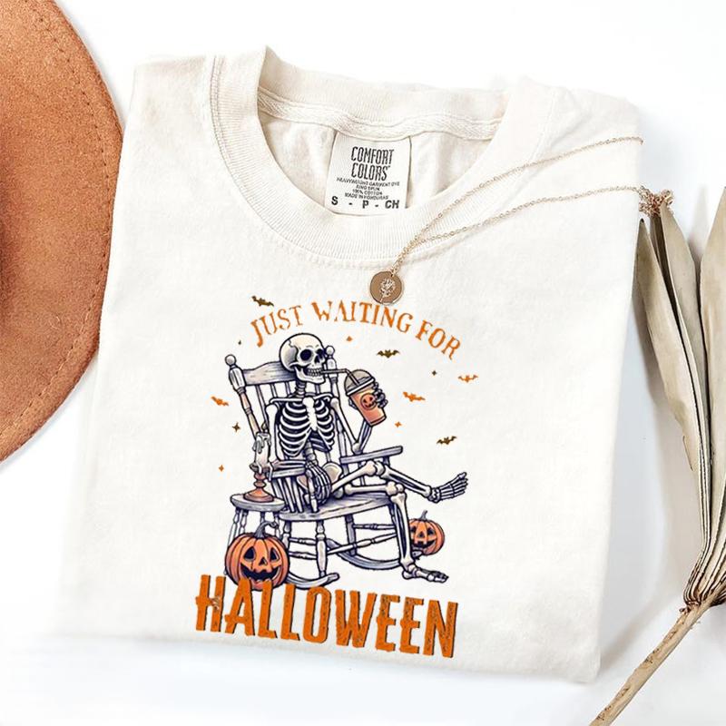 Comfort Colors Just Waiting for Halloween Tshirt, Funny Halloween Tee , Halloween Skeleton Summer Shirt, Funny Shirt for Summer