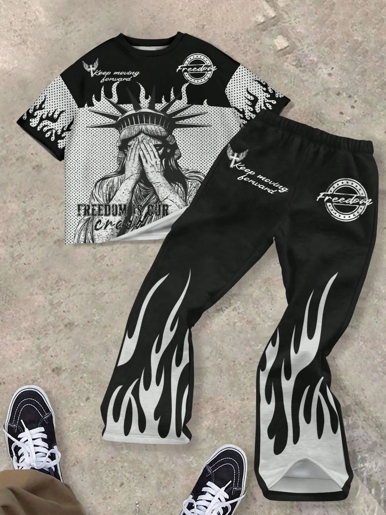 Youth Boy Casual Y2K Street Style Tee and Pants Set, summer clothing set, graphic print set, Statue of Liberty Print, American Retro Colorblock, Summer