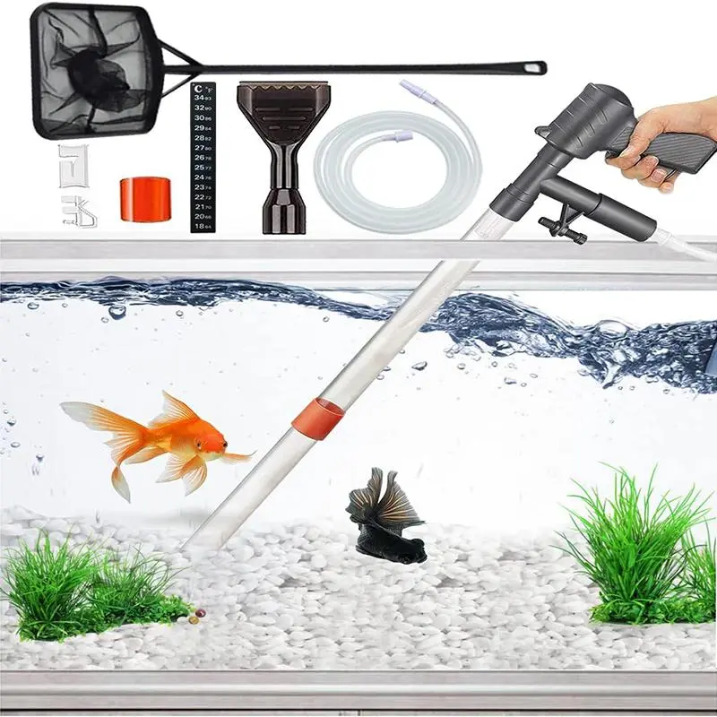 Aquarium Cleaning Tool Kit Supplies, 1 Set Fish Tank Aquarium Vacuum Gravel Cleaner with Air Push Button, Adjustable Water Flow Controller with Fish Netting