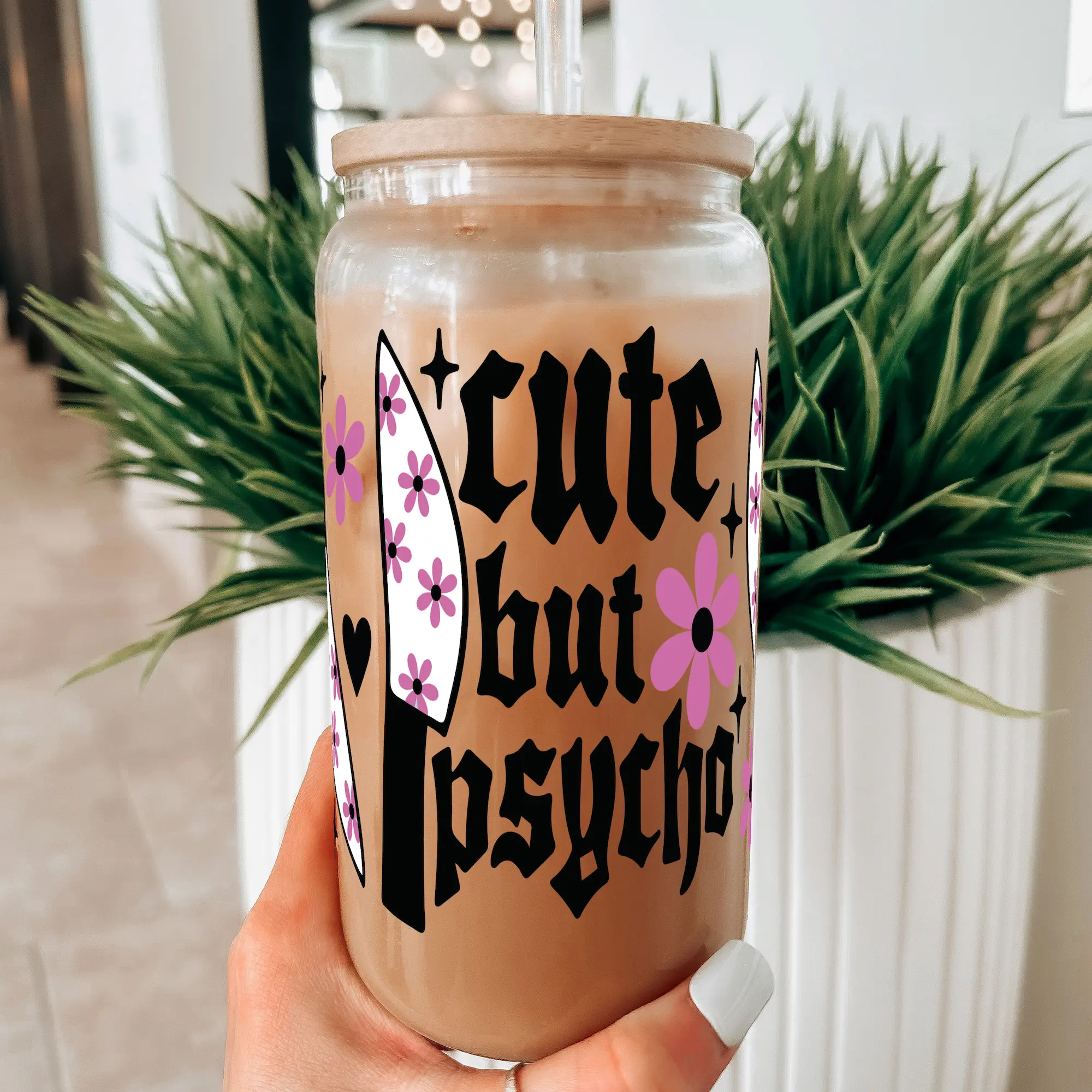 Cute But Psycho 17oz Glass Mug with Lid and Straw, Iced Coffee Drinkware, Gift for Her, water bottle for women, iced coffee cup, Bottled