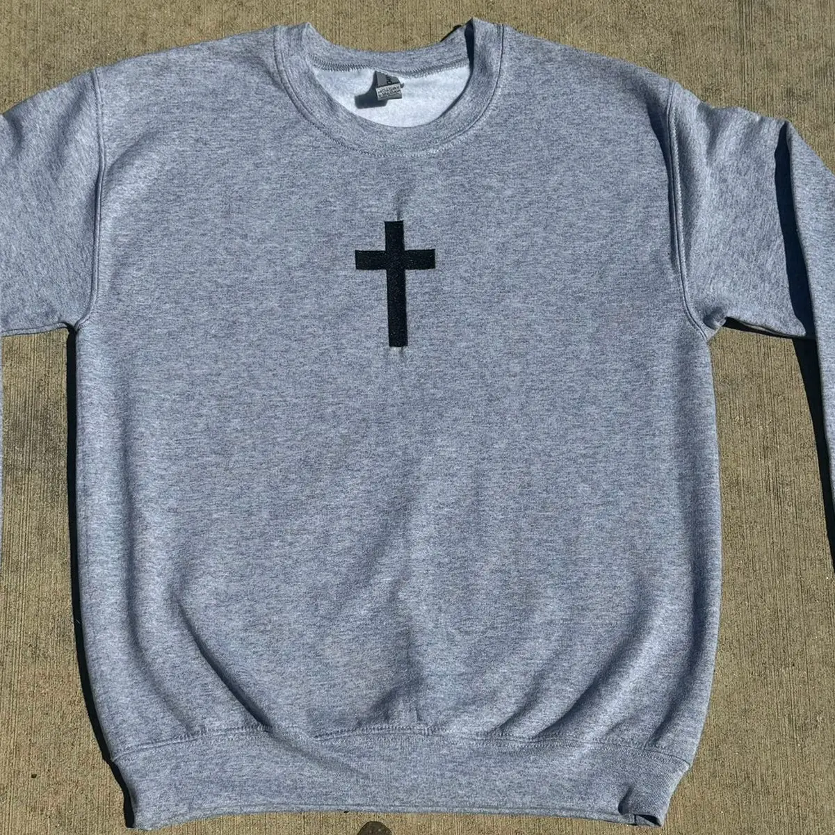 Cross Embroidered Grey Crewneck Sweater