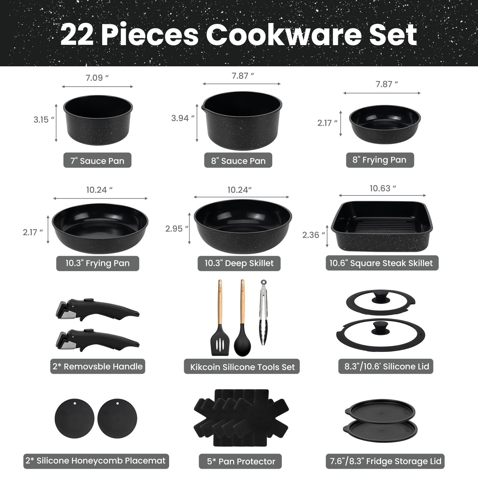 [OOAK Dishwasher safe]Kikcoin Non-Toxic Nonstick Ceramic 22pcs cookware set with detachable handle,Lids,Oven Safe,pots and pans set complete Cookware Set,PFAS-Free,Kitchen,Outdoor Induction Compatible,Mother’s Day gift