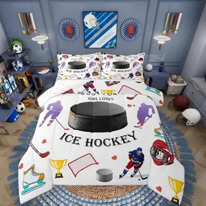 Ice Hockey Comforter Set,Hockey Puck Games Bedding Sets, Girls,Teen Boy American Helmet Ball Sports Comforter,European Sport Balls Player Quilt
