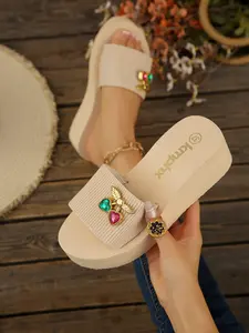 Women's Beige Knit Stripe Heart Gem Decor Platform Slide Sandals, Sweet Y2K Vacation-Chic Style, Retro Casual Slides #Y2KVacationShoes, #HeartGemSlides, #SweetChicPlatformSlides