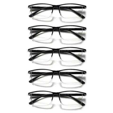 5-Piece Set Of Classic Blue Light-Blocking Reading Glasses, Suitable For Men And Women, With Spring Hinges, Durable Lenses, And Rectangular Frames—Perfect For Everyday And Casual Wear