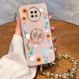Redmi Note 9T Fashion Series Golden Luxury Jewelry Strap Lanyard Phone Holder Case For Compatible With Xiaomi Redmi Note 9T Plating Cover and Elegant Cute Butterfly Wreath Protector Cases