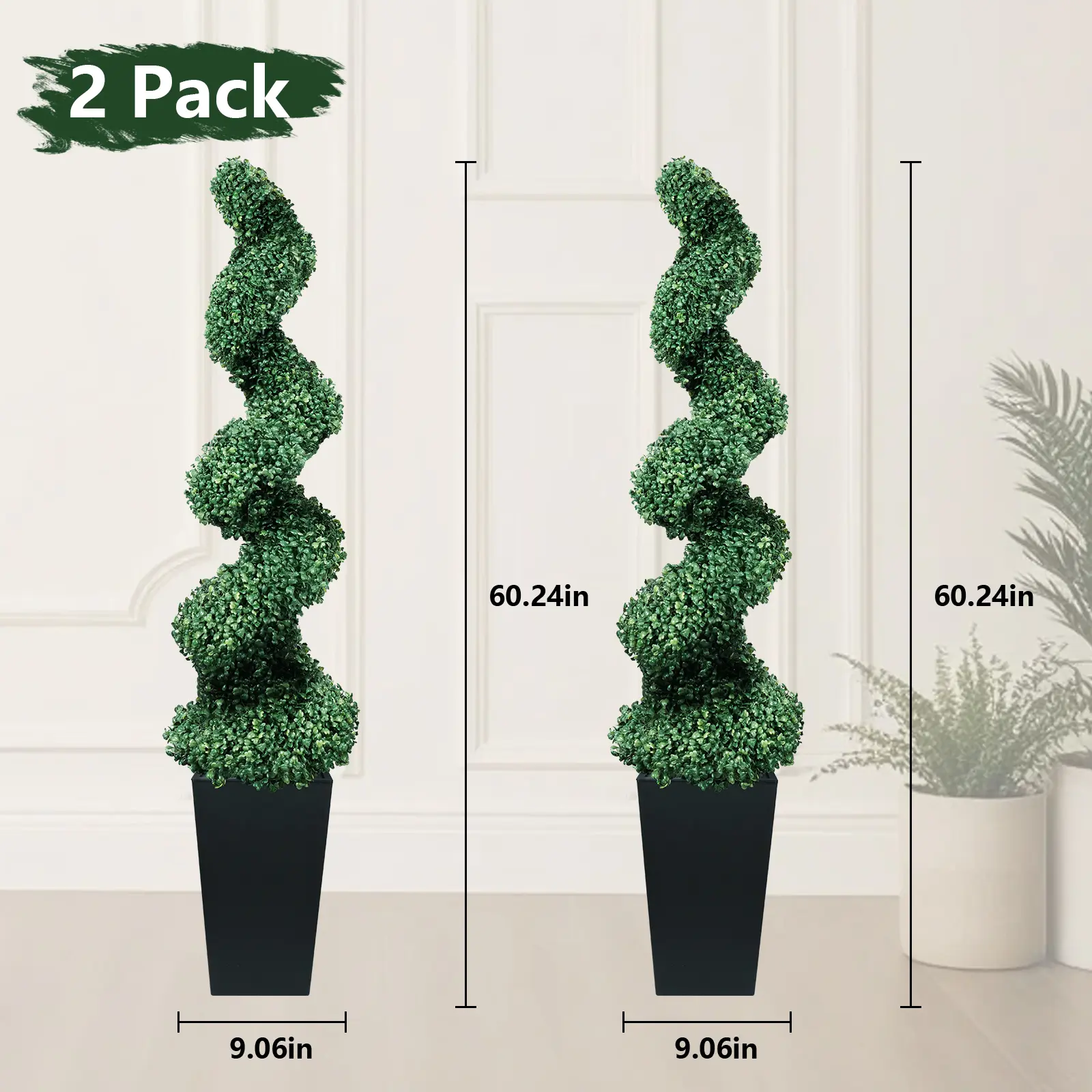 2 Pack 2/3/4 Ft Artificial Boxwood Spiral Plants, With BlackPots, Green Pe Wrought Iron Plants, Suitable For Porch, Garage, And Fireplace.Mother's Day Gift